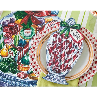Decorative plate with candy-themed design on a colorful background