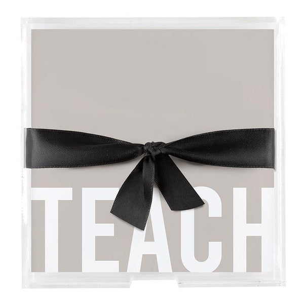 Decorative box with a black ribbon and 'TEACH' text on a light gray background