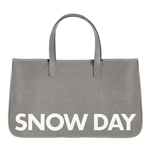 A gray canvas tote bag with 'Snow Day' text printed on the front.