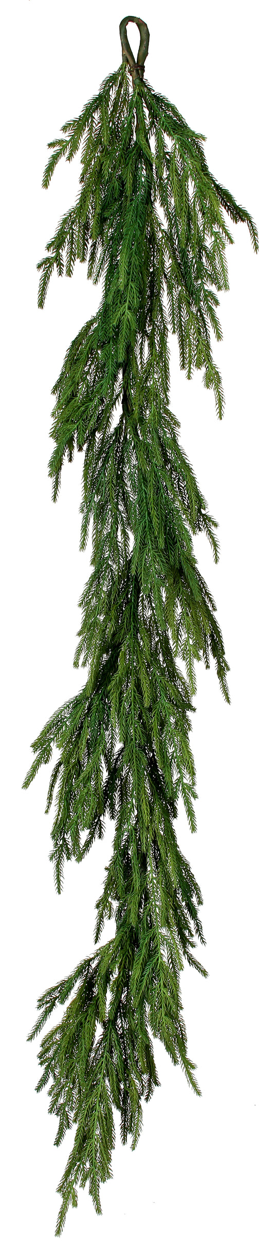 A long, green Norfolk pine garland hanging from a hook.