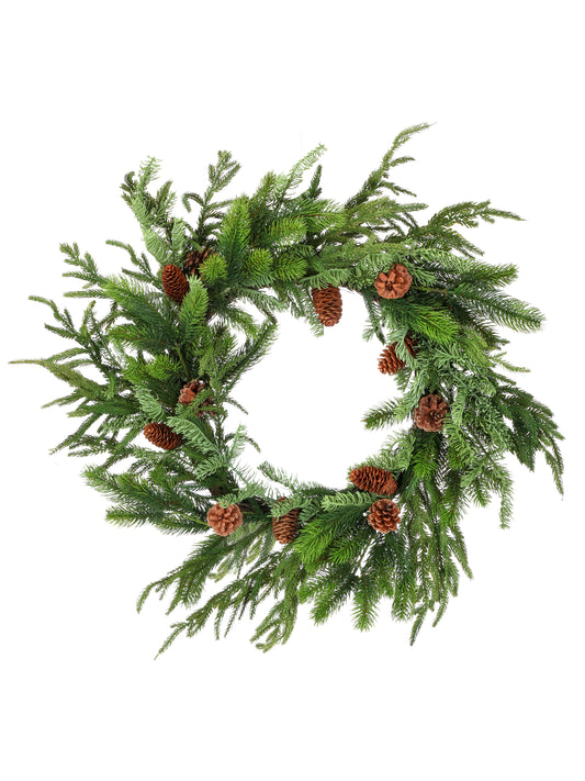 Real Touch Norfolk, Spruce, Juniper Mixed Wreath with Pinecones