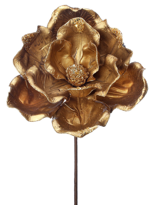 A metallic gold molded magnolia stem decoration.