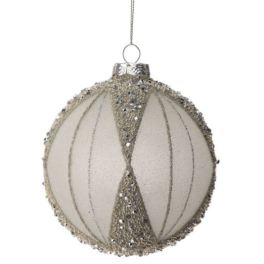 Decorative Christmas ball with silver glittery accents on a white background