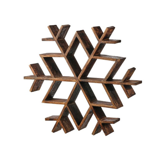 Wooden geometric snowflake design on a white background