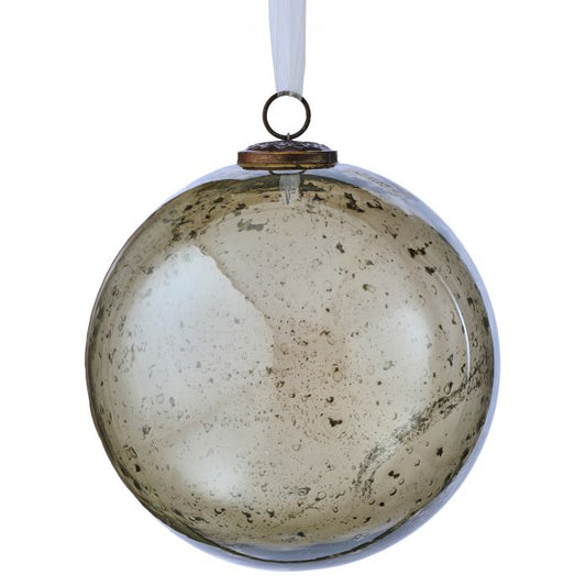 Decorative glass ball ornament with speckled pattern on a white background