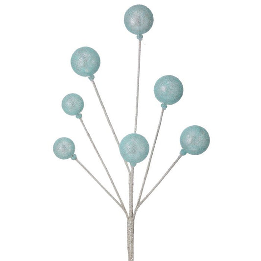 Decorative branch with light blue spherical ornaments on a white background