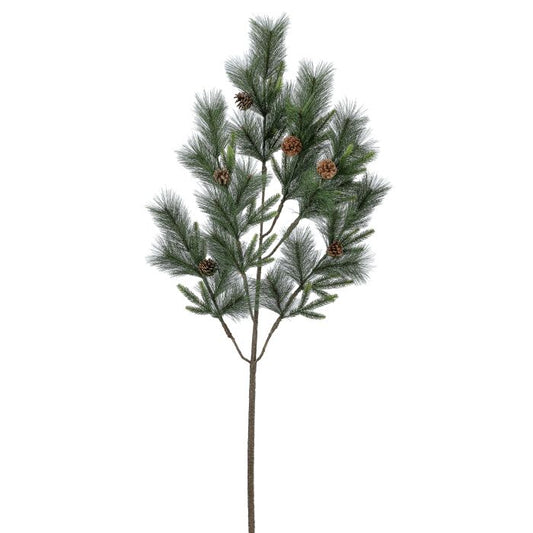 Artificial pine branch with cones on a white background