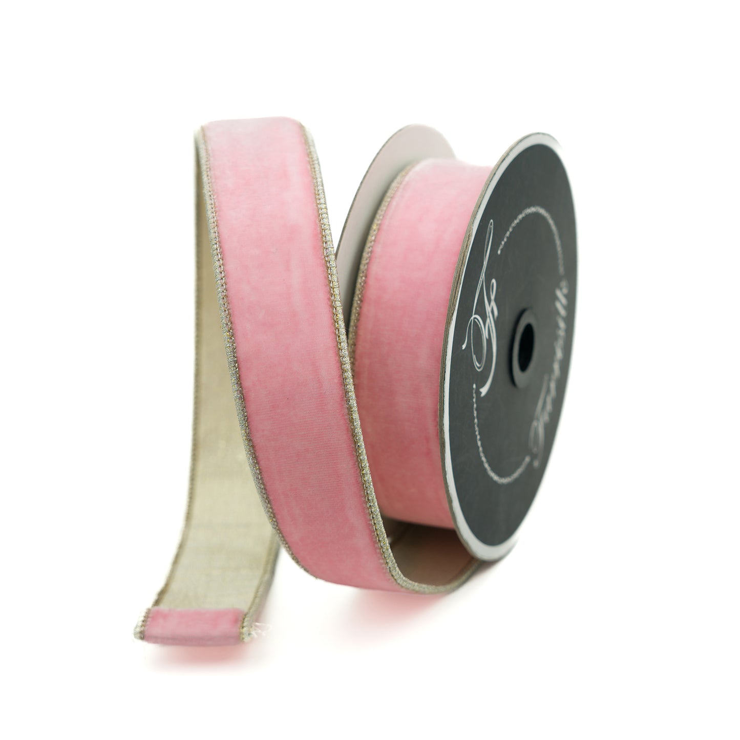 Pink ribbon with gold edge on a white background