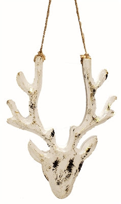 Gold foiled wooden reindeer head ornament against a white background
