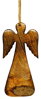 A brown wood angel ornament with a cross and wings design