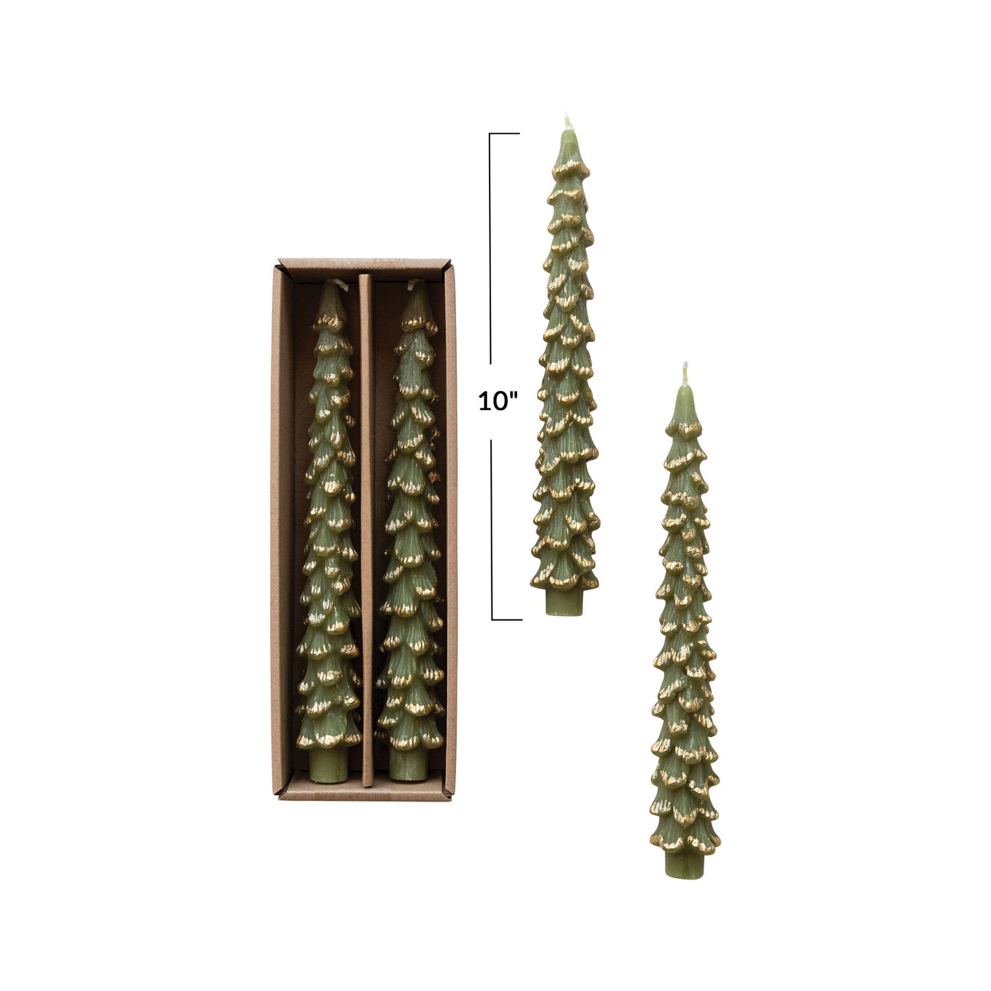 Set of green tree-shaped candles with a box and measurement label on a white background