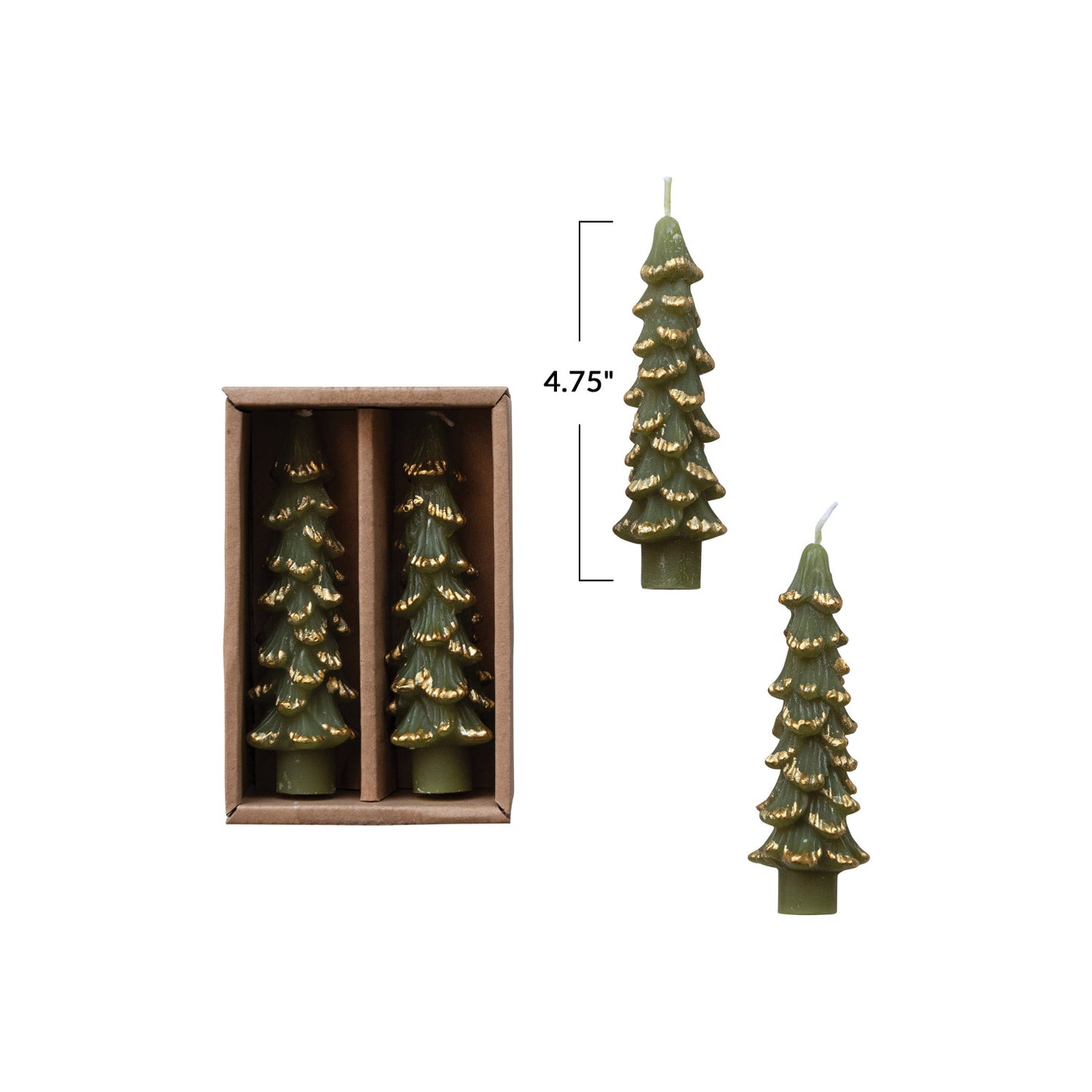 Set of Christmas tree-shaped candles with a box and measurement label on a white background