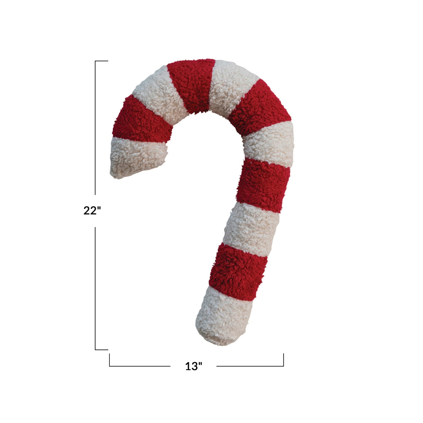 Red and white striped candy cane-shaped plush toy with measurements on a white background