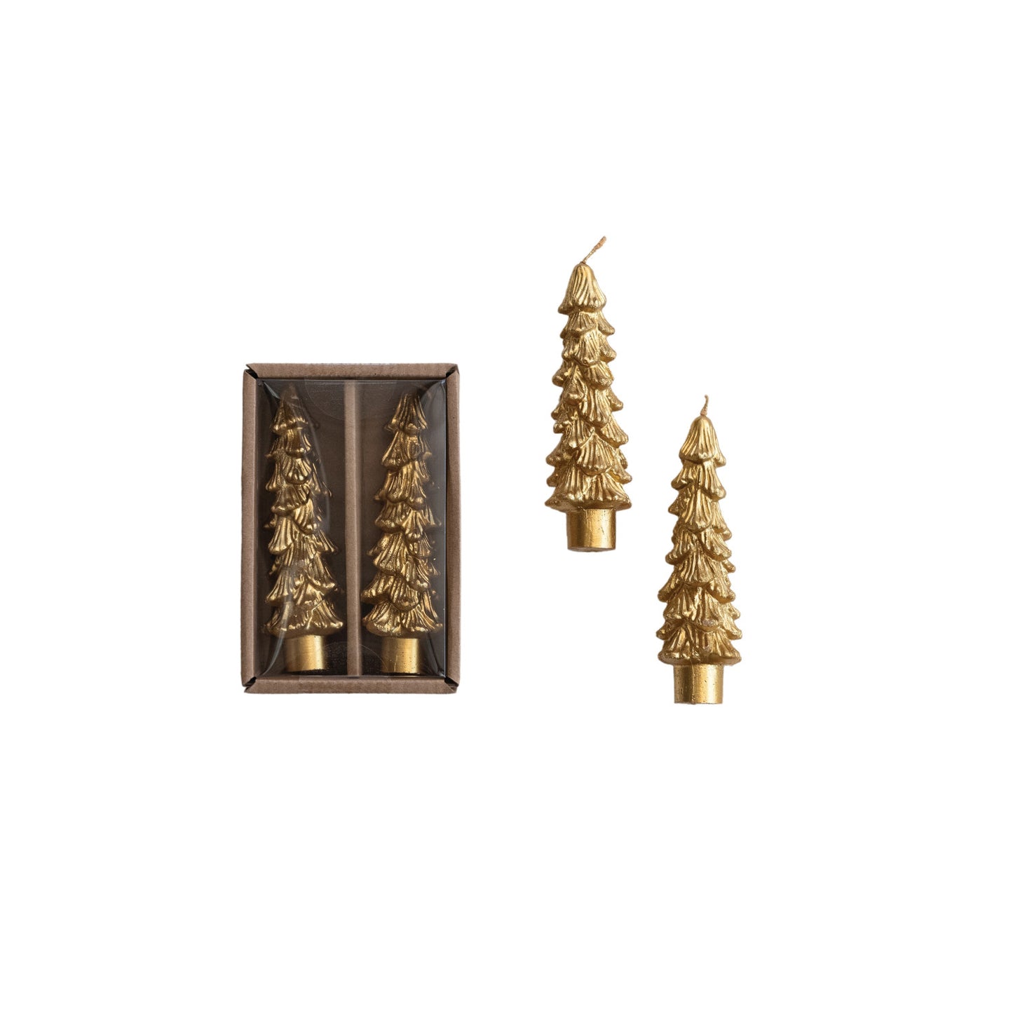 Gold Christmas tree-shaped candles with one outside the box on a white background