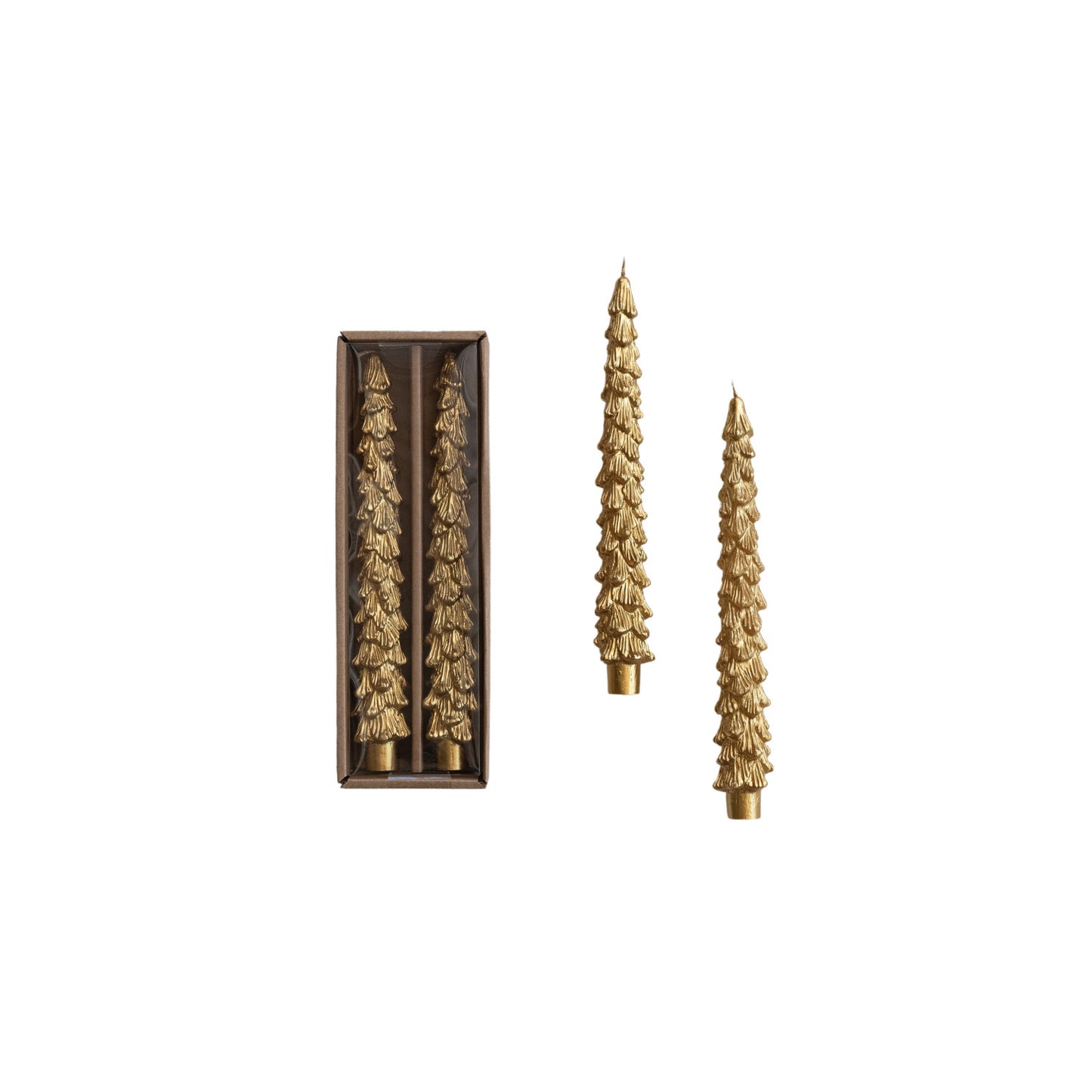 Set of gold tree shaped candles with one in packaging on a white background