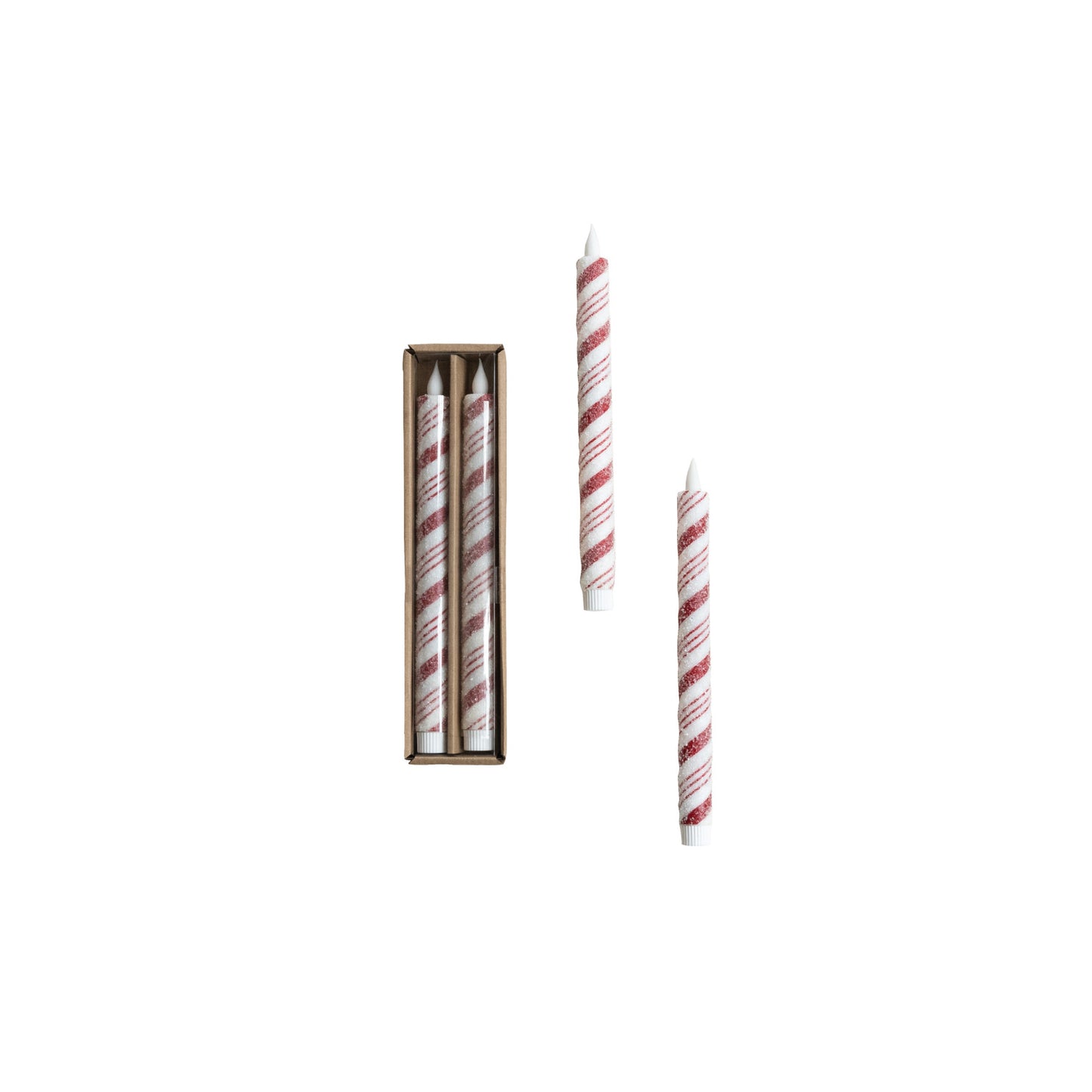 Set of red and white striped LED candles with a box on a white background