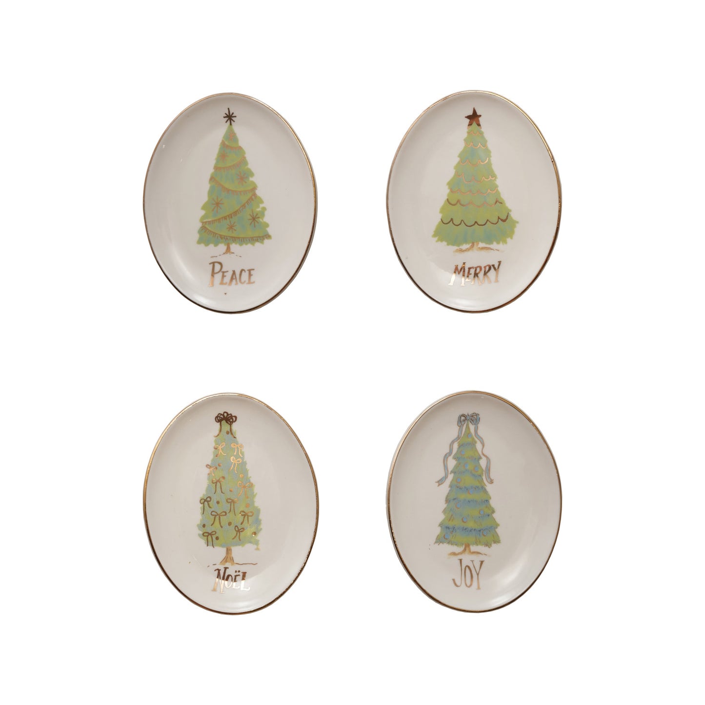 Four oval ceramic plates with Christmas tree designs and text on a white background