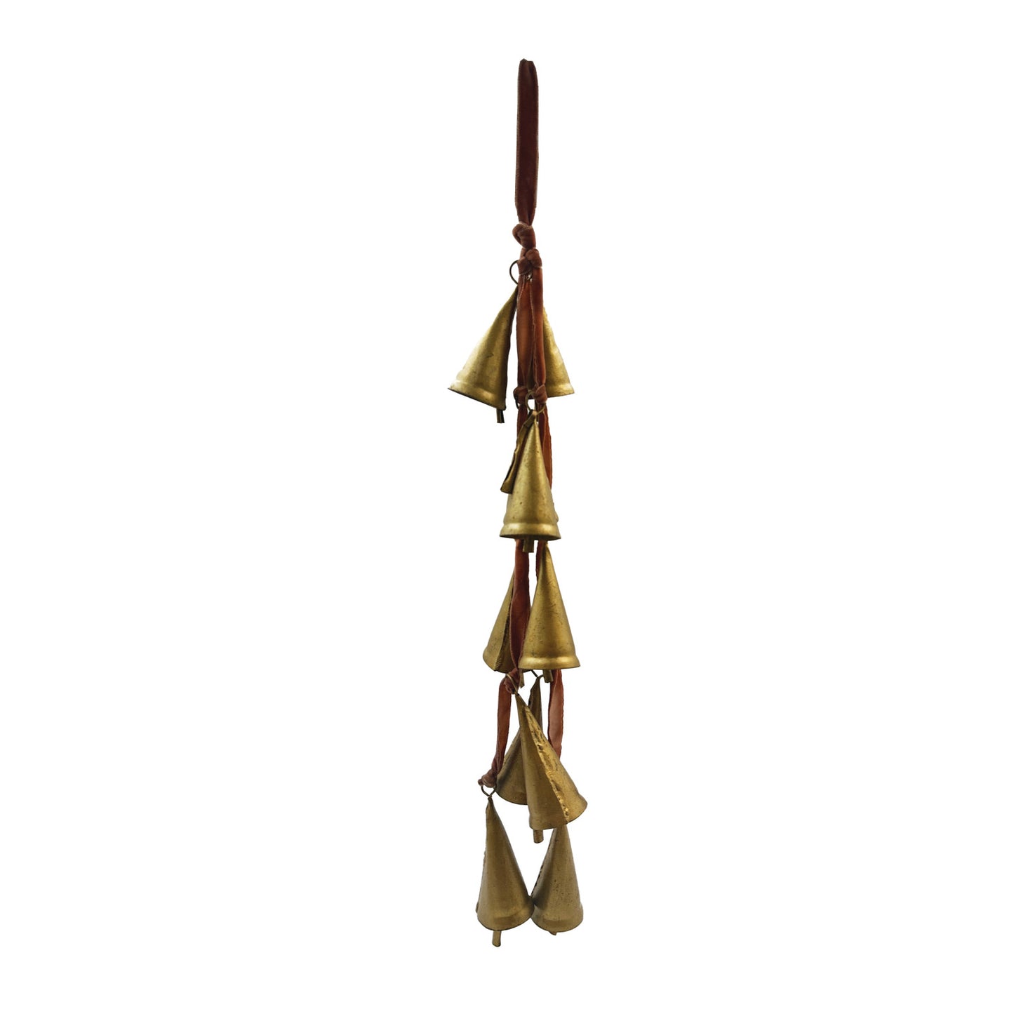 Decorative hanging bells with a wooden handle on a white background
