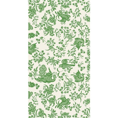Green floral and bird paper guest napkin on a white background