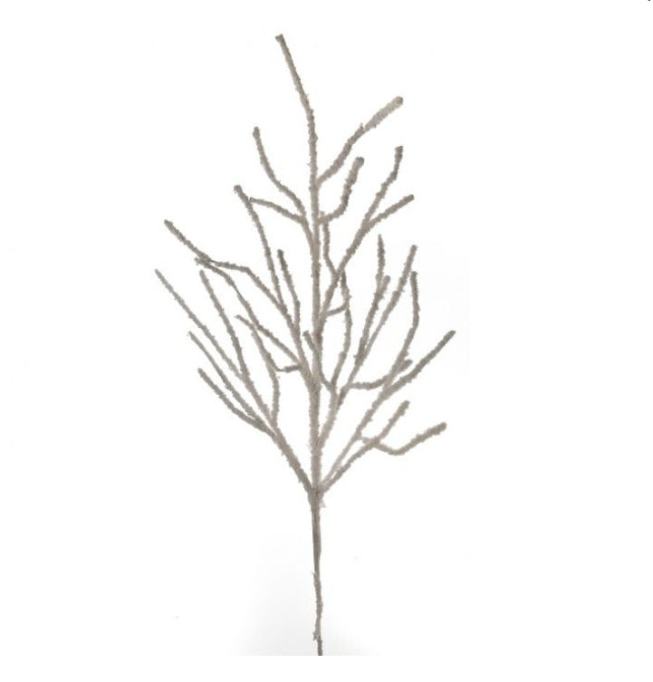 An artificial frosty snow branch with no leaves, resembling a bare tree branch.
