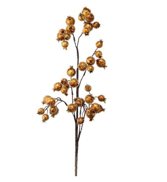 A decorative metallic beaded pomegranate spray, with the appearance of ripe pomegranate fruits on a stem.