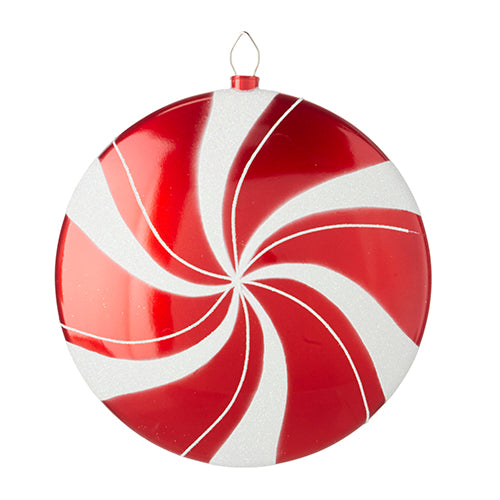 Red and white swirled 10" peppermint ornament.