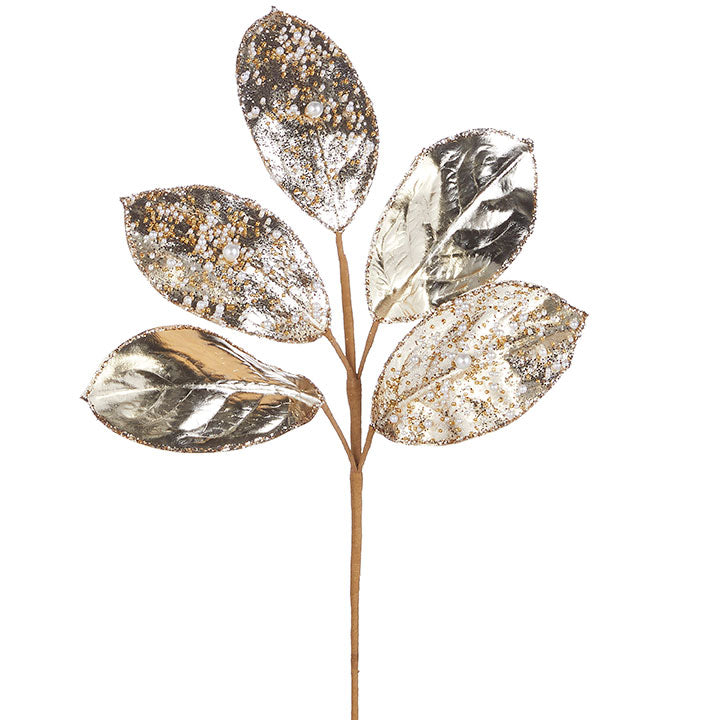 23" Bead and Pearl Jeweled Magnolia Leaf Spray