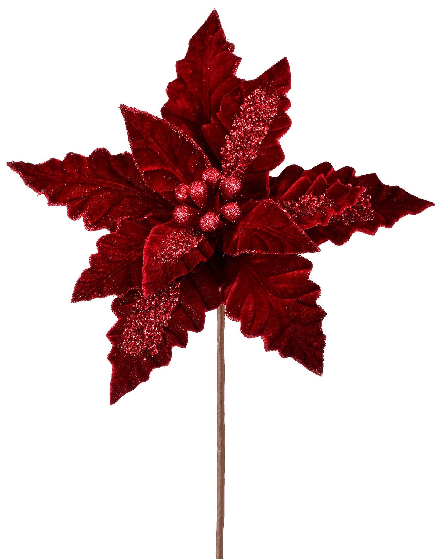 24" Burgundy Velvet Sequin Stripe Poinsettia Stem