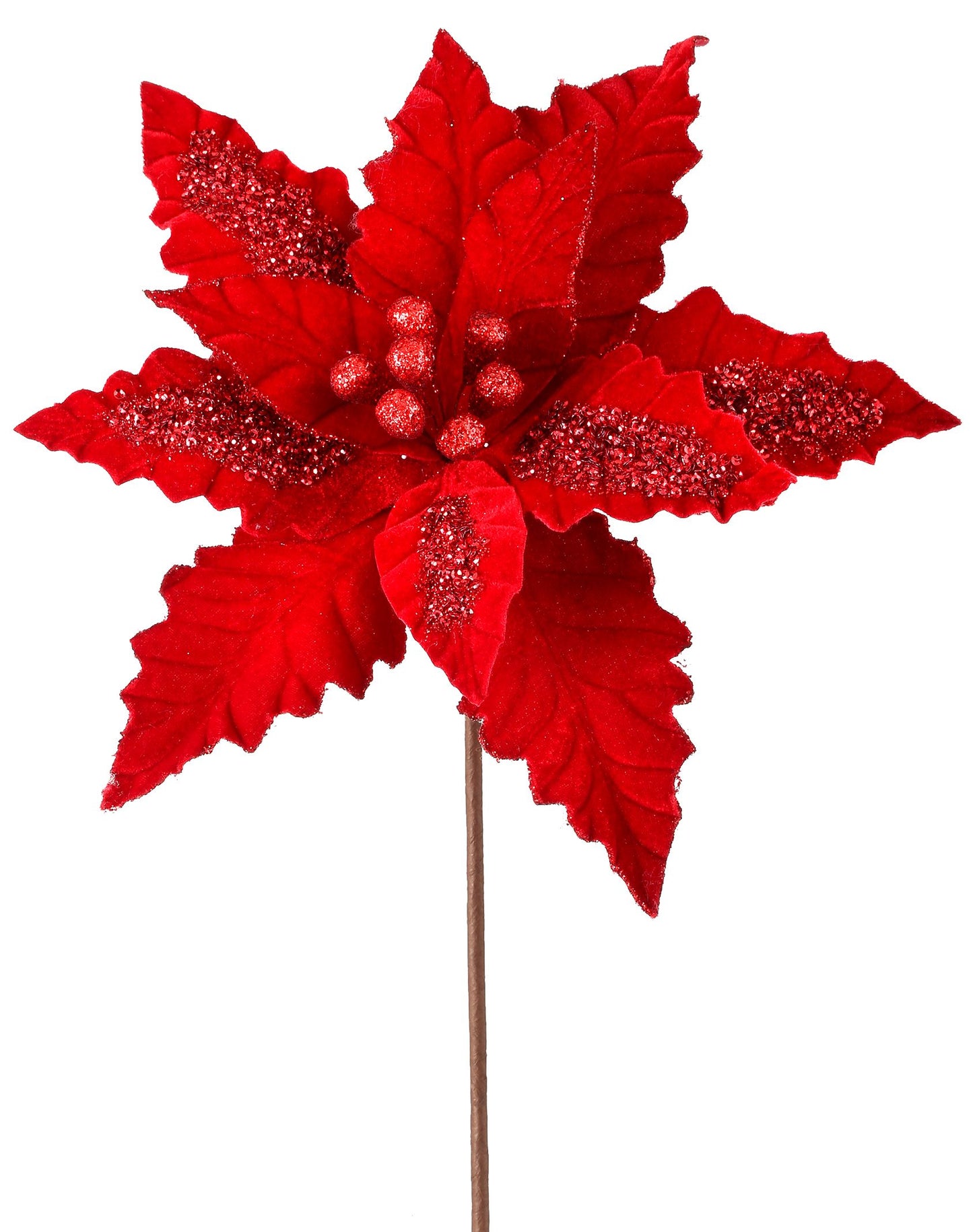 24" Red Velvet Sequin Stripe Poinsettia Stem