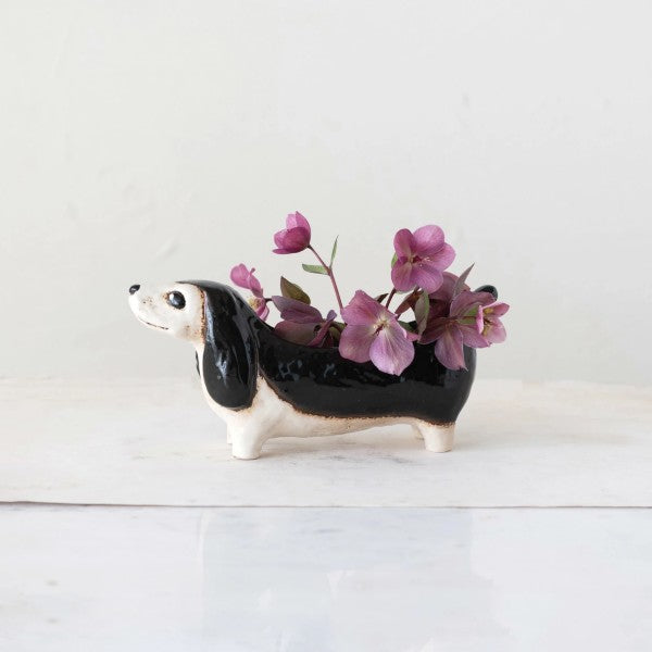 Hand-Painted Stoneware Dog Planter