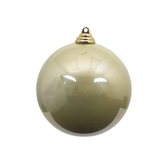 A 4-inch round candy platinum ornament with a metallic hook at the top.