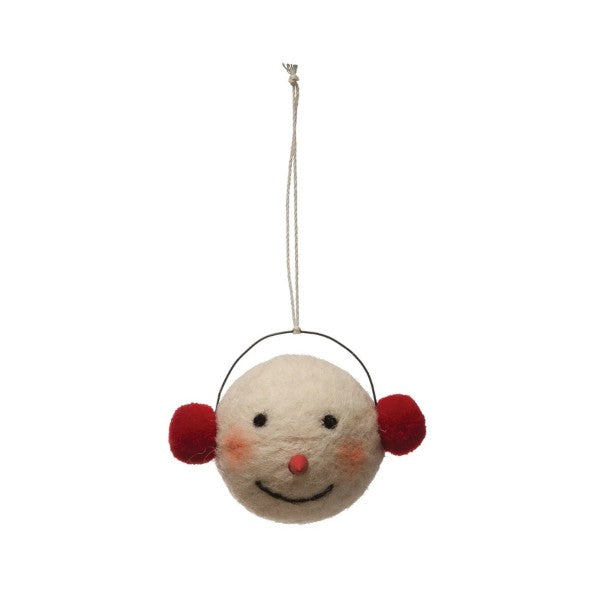 Wool felt snowman head ornament. Red cheeked snowman with red earmuffs.