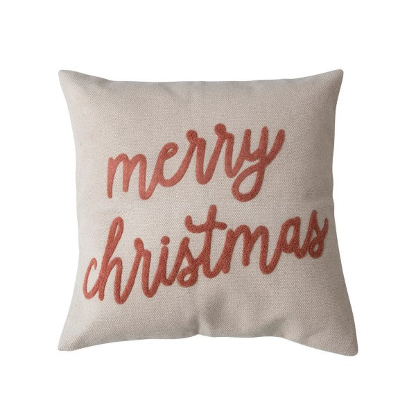 Cream pillow with sienna writing. Merry Christmas written in sienna cursive.