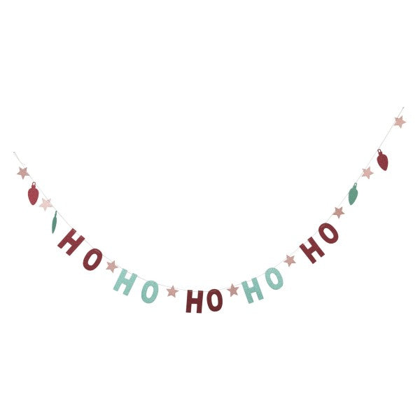 Red and Silver "Ho Ho Ho" banner with stars. 118 inches long.