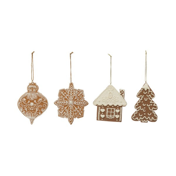 Clay gingerbread cookie with white frosting patterned ornaments. (left) finial (left center) snowflake (right center) house with chimney (right) snowy tree.