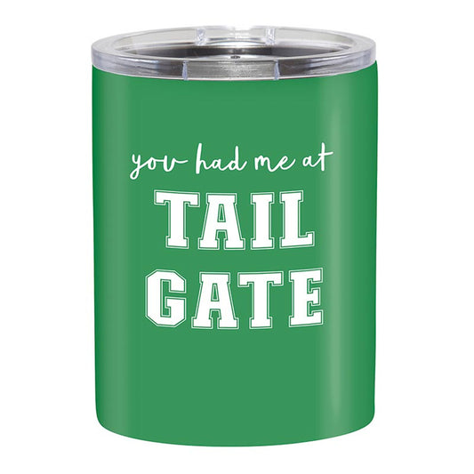 Green tumbler with 'you had me at TAIL GATE' text on a white background
