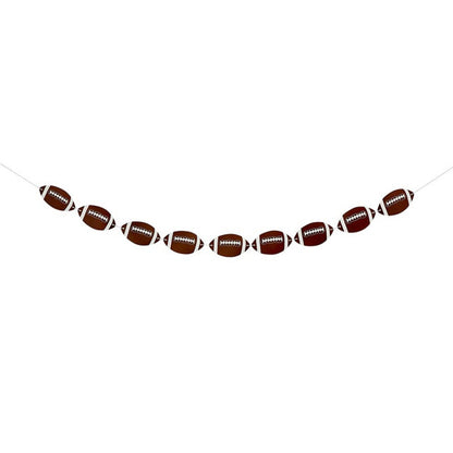 String of football-shaped decorations on a white background
