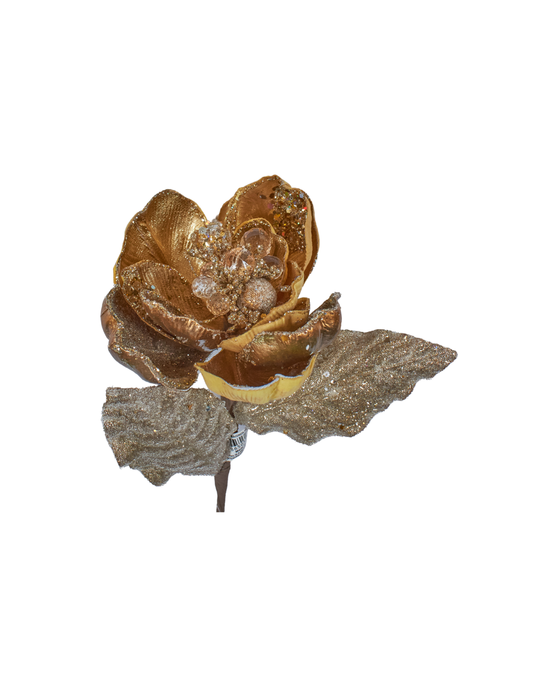 Decorative gold and silver magnolia 
with leaf on a white background