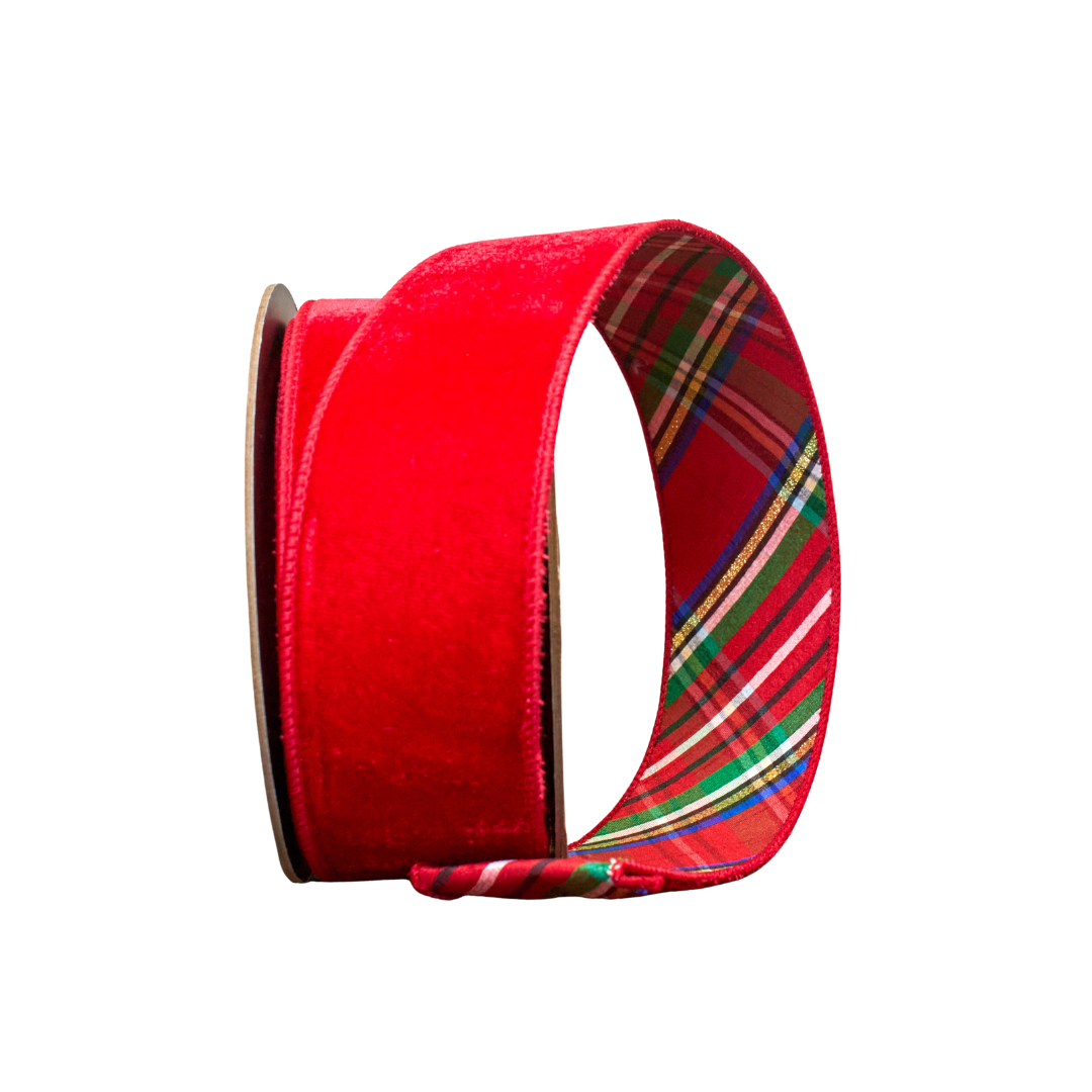 Red ribbon with plaid pattern on a white background