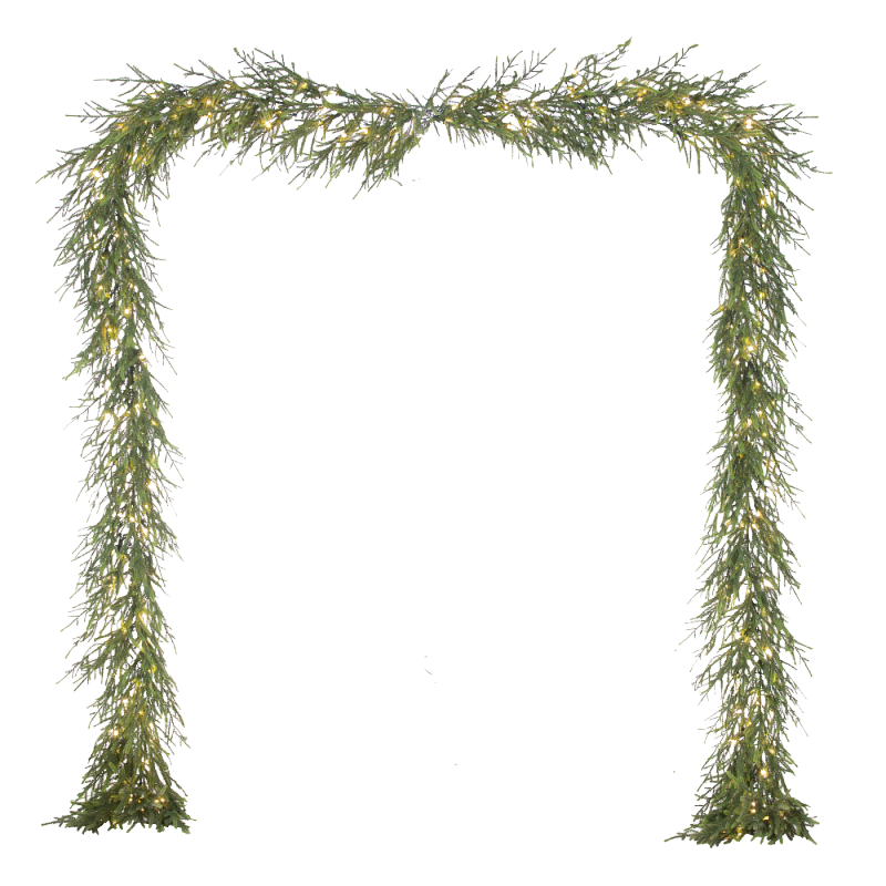 Decorative green garland arch with lights on a white background