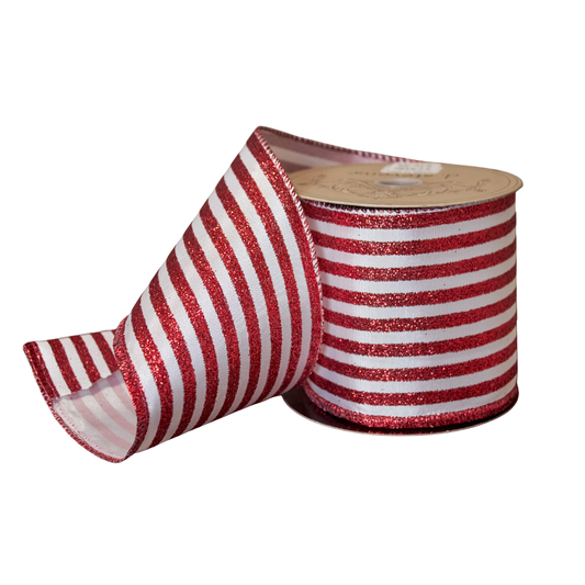 Red and white striped ribbon with glitter on a white background