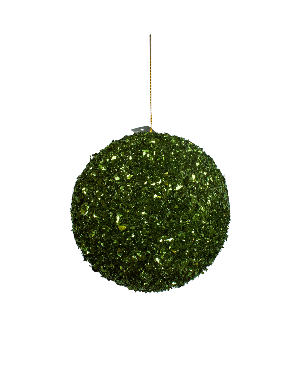 Green decorative ball with a gold string on a white background