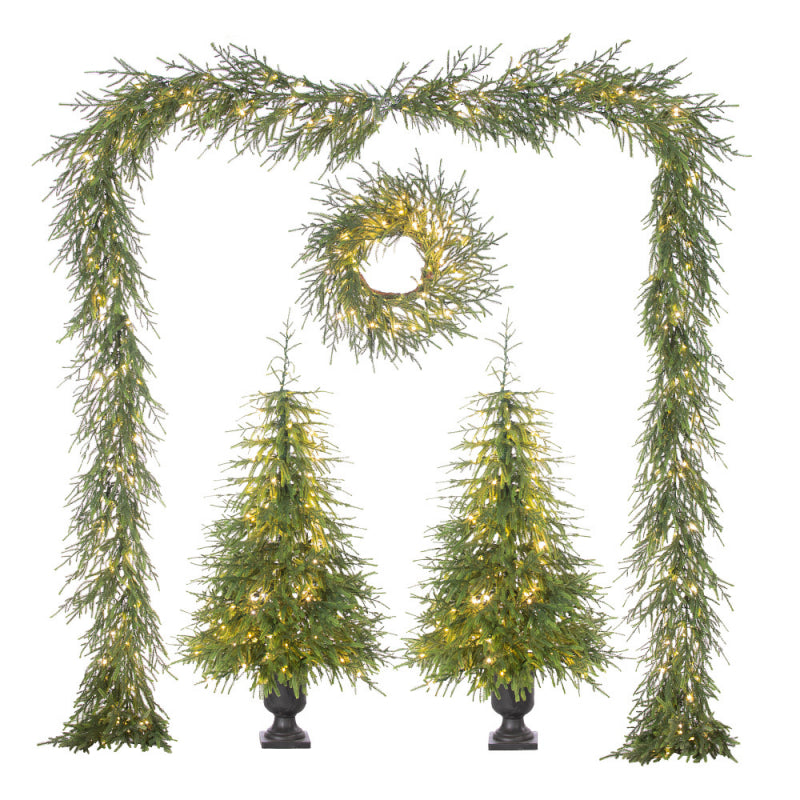 Set of Christmas decorations including garlands, wreaths, and trees with lights on a white background.