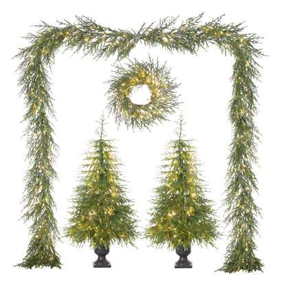 Set of Christmas decorations including garlands, wreaths, and trees with lights on a white background.