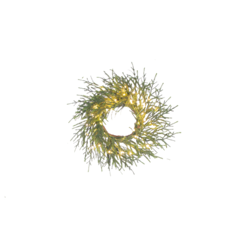 Green wreath with lights on a white background