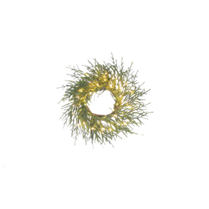 Green wreath with lights on a white background