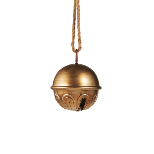 Bronze hanging ornament with intricate design on a white background