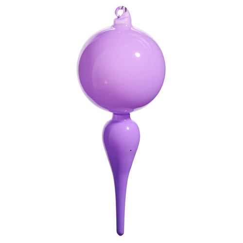 Purple glass Christmas ornament with teardrop shape on a white background