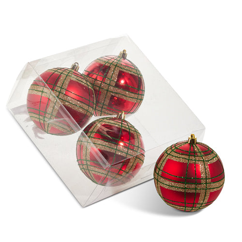 Shiny red ornament with red and gold plaid glitter. 