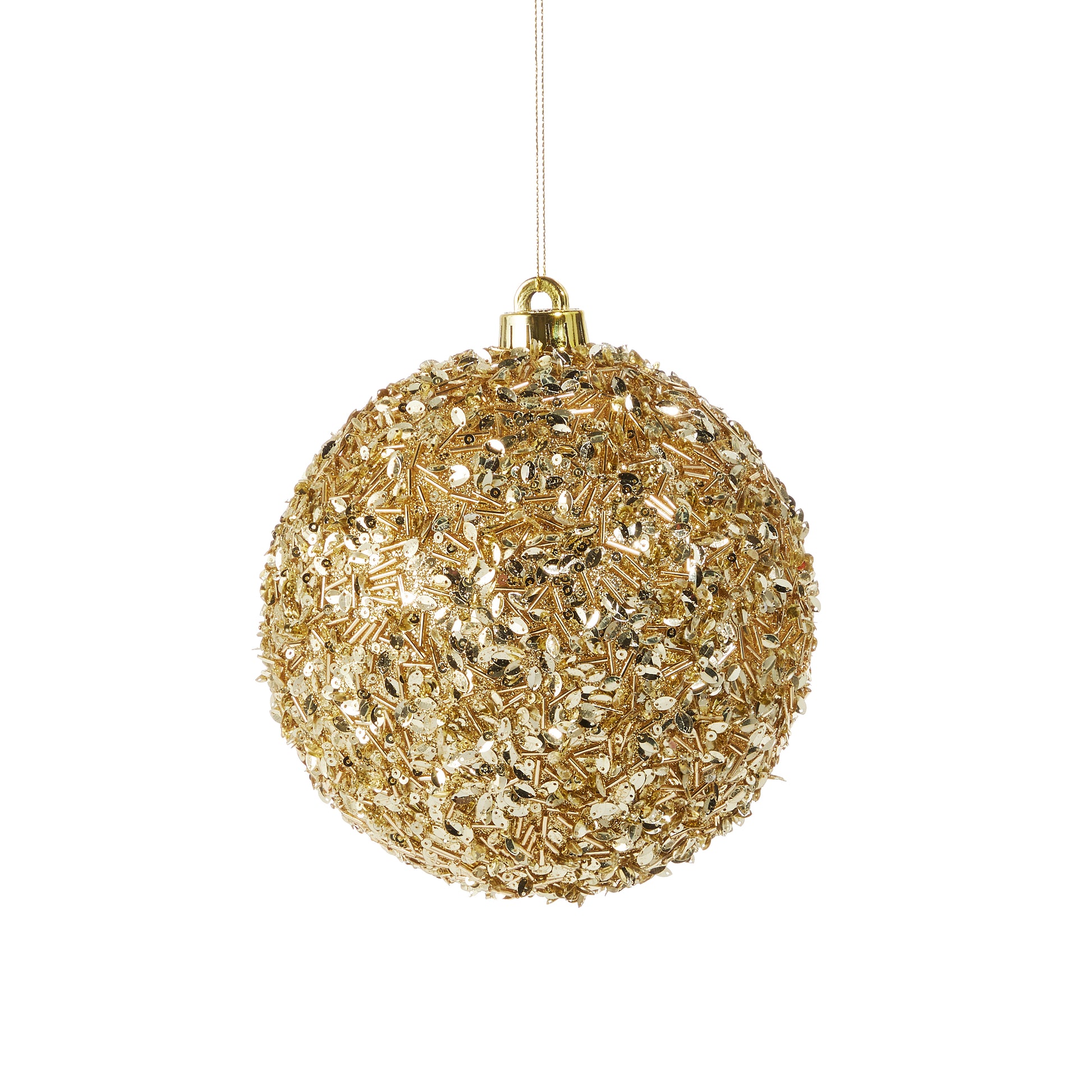 Gold decorative ball ornament on a white background